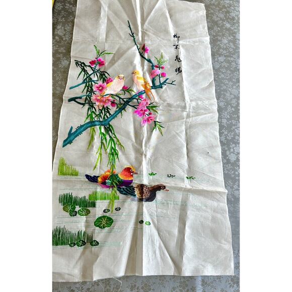 Antique Chinese Qing Dynasty Embroidered textile Panel wall hanging 36x18